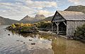 Boat shed and Cradle Mountain at Dove Lake, Tas 1.jpg